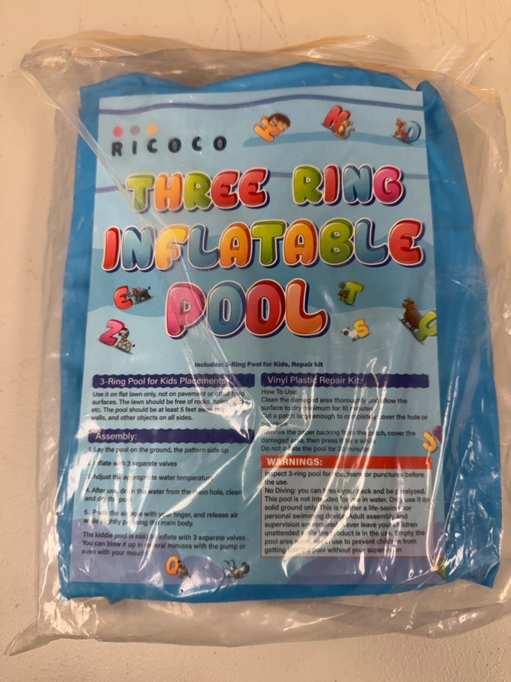 Ricoco Three Ring Inflatable Pool - Blue small 3 ring pool with repair patch new